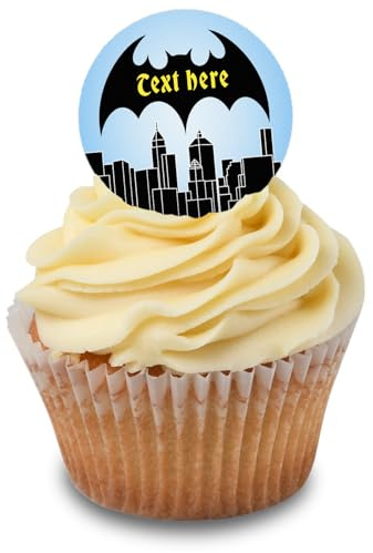 Cakeshop Cupcake Personalisierte Essbare Kuchenaufleger Mit Fledermaus Superhelden Stadt | Personalisieren Mit Ihrem Namen & Alter | Für Geburtstage & Feiern | Zuckerguss & Oblatenpapier Optionen