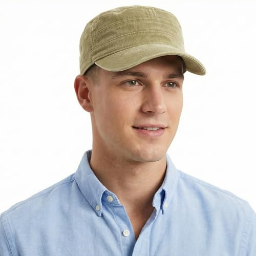 HIQIU Military Cap Herren Armee Kappe Cadet Hut, Unisex Vintage Military Army Flat Caps, Militär Cap Verstellbar Baumwolle Baseballmütze Kappe feldmütze (DE/NL/SE/PL, Numerisch, 56, 60, A1# Khaki)
