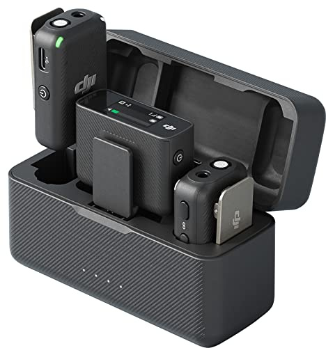 DJI Mic (2 TX + 1 RX + Charging Case), Range, 15-Hour Battery, Noise Cancellation Wireless Microphone for PC, iPhone, Record Interview, YouTube, Black (Renewed)