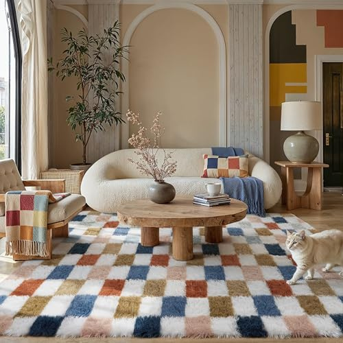 HUGEAR Tappeto Salotto 160x230cm Pelo Lungo a Quadri Grande Multicolore Bianco Morbido Tappeti Antiscivolo Moderno Camera da Letto Cucina Salotto Sala Scendiletto Esterno Bambina Bambini Tappeti