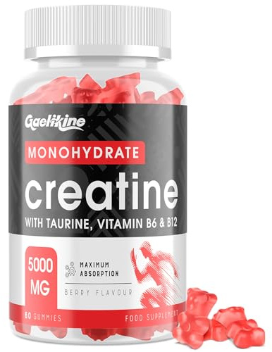 Gaelikine Creatine Monohydrate Gummies 5000mg, Max Strength with L-Taurine, B12 & B6, Creatine Gummies for Men & Women, Easy Pre Workout Muscle Growth Supplement, Berry Flavor, 60 Count (Pack of 1)