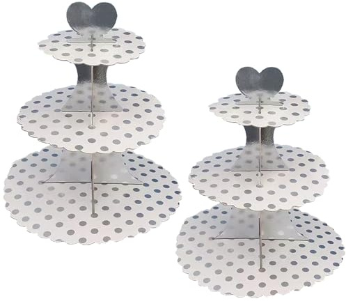 PYGHAP 2 soportes de cartón para tartas, soporte para cupcakes de 3 niveles, soporte redondo de cartón para tartas de té de la tarde, cumpleaños, fiestas, baby showers (puntos plateados)