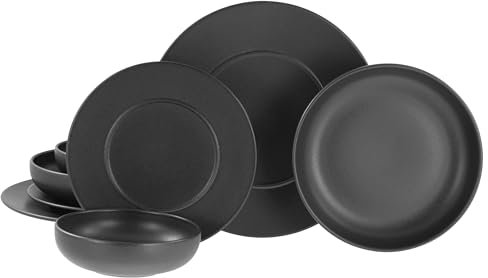 CreaTable, 24568 Série Unico Black Service de table 8 pièces pour 2 personnes, assiettes en grès, passe au lave-vaisselle et au micro-ondes, fabriqué en Europe