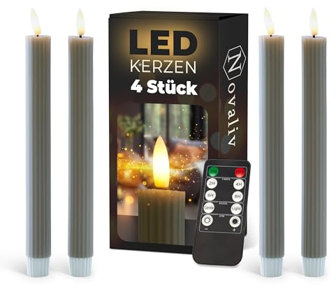 Stabkerzen LED mit Timer TAUPE GRAU 4 Stück indoor 6 Stunden - ECHTWACHS gerippt 23cm Höhe für Kerzen 2,2cm Durchmesser 2 AAA Batterien notwendig LED Stabkerzen flackernde Flamme bewegliche Flamme