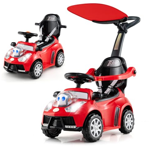 COSTWAY Ride on Push Car, 3 in 1 Baby Foot to Floor Slider with Removable Push Handle & Guardrail, Adjustable Canopy, Horn, Music, Light, Underneath Storage, for 12-36 Months (Red)