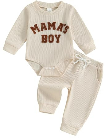 Vioyavo Newborn Baby Boy Outfit Spring Fall 2 Pieces Clothes Set Letter Embroidery Long Sleeve Romper Elastic Long Pants Set (Beige, 6-12 Months)