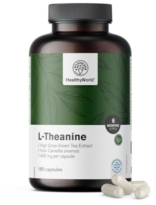 HealthyWorld L-Teanina 400 mg - 180 Capsule - Estratto di tè verde - Alta concentrazione - Aminoacido efficace - Supporto naturale per l'organismo - Vegetariano e non OGM