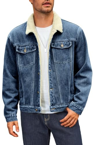 Runcati Giacca di jeans da uomo in pile denim, vintage, per il tempo libero, per le mezze stagioni, calda, soffice, invernale, per le attività all'aperto, con bottoni, Blu scuro, XL