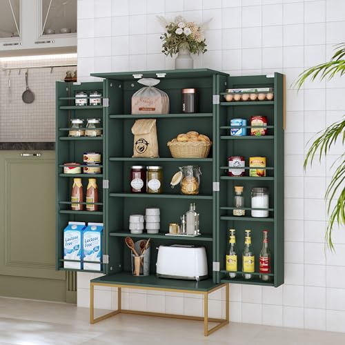 HOLTICO Küchenschrank, Buffetschrank mit Verstellbaren Regalen | Mehrzweckschrank, Vorratsschrank, Hochschrank, Schrank freistehend für Küche, Badzimmer, Wohnzimmer (Stil 2 - Grün)