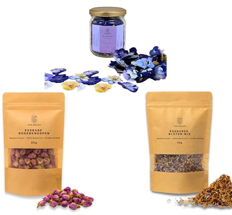 HUA MALOO InstaBloom Set – Getrocknete essbare Blüten (Veilchen, Rosenknospen, Blüten-Mix) | Für Tee, Kuchen, Desserts, Cupcakes, Torten, Salate & Deko