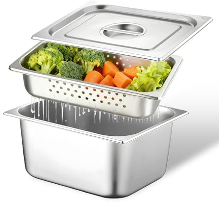 Breading Bowl Set, 1/2 Size Gastronorm Container, Stainless Steel Gastronorm Container, 32.5 x 26.5 x 10 cm, Steam Table Pan Made of Stainless Steel with Holes and Lid for Draining or as a Cooking