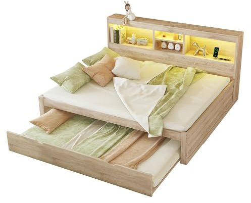 SOFTWEARY Massivholzbett mit Gästebett und LED-Beleuchtung, Doppelbett mit Lattenrost, Holzbett, Jugendbett, Kiefer, 140x200 cm