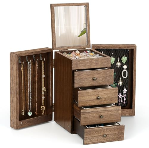 AFAjwsc Boîte à Bijoux 5 Niveaux, Écrin à Accessoires, Coffre, 4 Tiroirs, Miroir, pour boucles d'oreilles, colliers, bracelets