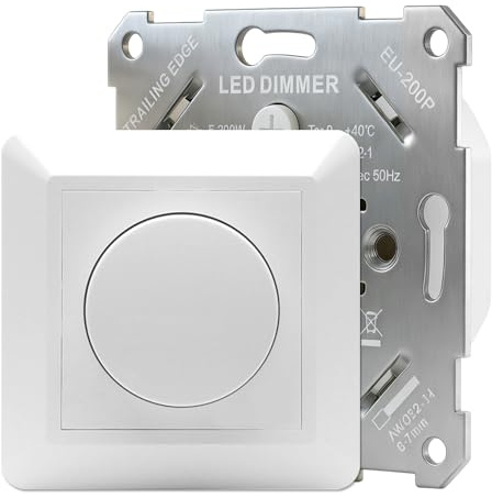 Dimmer Schalter LED Dimmer 220-240V Dimmschalter, Dimmer für LED Lampen 5-200W mit Dreh-Ausschalter, Unterputz Lichtschalter Dimmbar für dimmbare LED Lampen, Glühlampe und Halogenlampe, Weiß