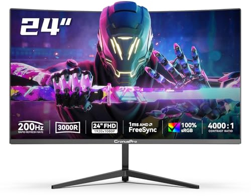 CronusPro 24 Zoll Curved Gaming Monitor, 200Hz, 1 ms MPRT, AMD FreeSync, FHD 1920 x 1080, 3000R, VA Panel, 16:9, sRGB 100 %, HDR, Eye Care, HDMI/DisplayPort, VESA Mount 75*75mm, PC Bildschirm Schwarz