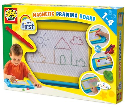 SES Creative Zaubertafel | Maltafel | Magnettafel | Fördert Feinmotorik & Kreativität | Made in Holland | für Kinder Ab 1 Jahr | 4 Farben | Mit Magnetstift und 2 Stempel | 14479