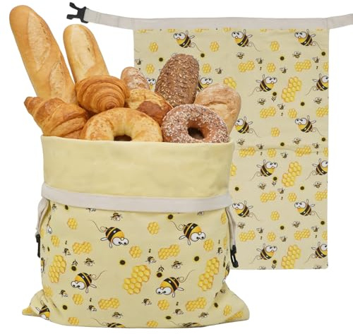 Hoypeyfiy 43 cm x 33 cm, confezione da 2 sacchetti per il pane in cotone con rivestimento in cera d'api naturale, ideali per la cucina di casa e gli appassionati di pasticceria, giallo., moderno