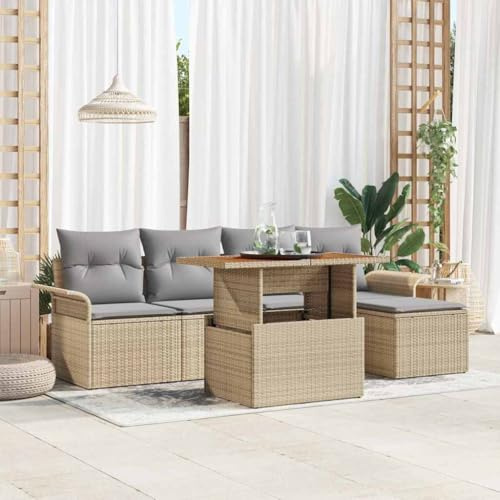 Bucmath Garten-Sofa-Set mit Stauraum, 6-teilig, Beige Poly Rattan, Modulares Loungeset für Terrasse und Balkon, Wetterfest