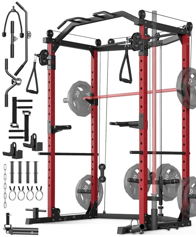 GarveeLife Power Cage, Multi-Functional Power Racks for Home Gym with Cable Crossover System, 1600 LBS Weight Capacity Fitness Squat Rack for Strength Workout with More Training Attachment, Red