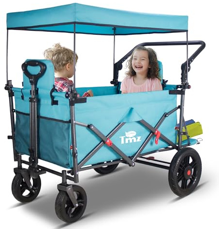 TMZ Bollerwagen Faltbar mit 2 integrierten Klappsitzen, Handwagen klappbar für Kinder, Transportwagen mit Bremsen und Dach (Türkis)