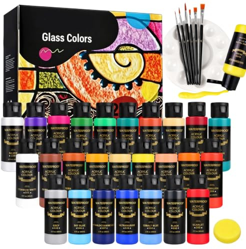 Glasfarben Set 26x30ml – Glasmalfarbe & Porzellanfarbe Spülmaschinenfest Keramik Bemalen Kit für Weingläser mit 6 Pinseln, Palette & Schwamm, Wasserfestes UV-Schutz für mehrere Glasoberflächen