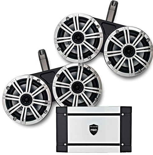 KICKER Marine Dual Wake Tower System w/ 4 Silver 6.5 Speakers, Wet Sounds HT-4 400 Watt Marine Amp