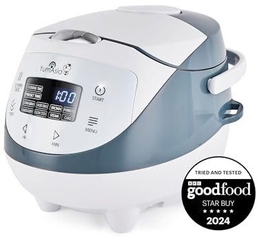 Yum Asia Panda Mini Cuociriso con Ciotola in Ceramica Ninja e Advanced Fuzzy Logic (3,5 tazze, 0,63 litri) 4 Funzioni di Cottura del Riso, 4 Funzioni Multicooker, Display LED, 220-240V (White/Grey)