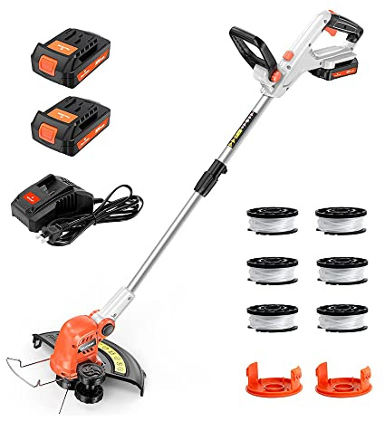 PAXCESS 20V 12-Inch Cordless String Trimmer/Weed Eater, 2 PCS 2.0Ah Battery & Charger Weed Wacker, 6 PCS Spool Line & 2 Cap Included, 180° Rotatable Handle, Adjustable Rod Length, Lightweight
