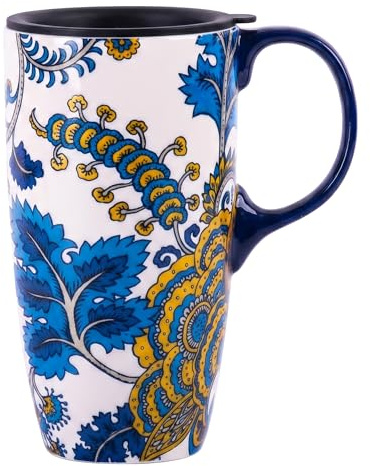 Topadorn Ceramic Mug with Lid and Handle,17oz. Tall Coffee Cup for Home,Party and Birthday,Blue Flower