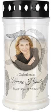private grief Grablicht Trauerkerze mit persönlicher Beschriftung (mit Foto Federmotiv, 7,5 cm x 21 cm (Ø/H))