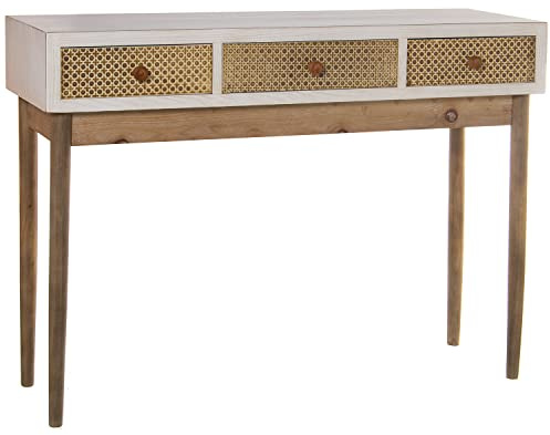 DRW Table d'entrée avec 3 tiroirs en Bois et Osier Blanc et Naturel 107 x 35 x 81 cm
