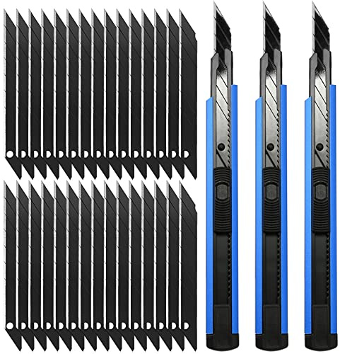 FOSHIO 3 Stück Professional 9mm Messer Cuttermesser mit 30 pcs 30°Abbrechklingen, Cuttermesser Profi, Cutter klingen für Folien, Papier, Basteln (Blau)