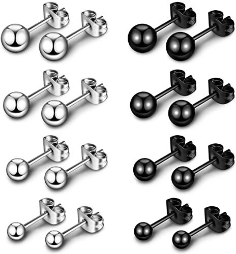 8 Paar Runde Ohrstecker für Damen Titanstahl Silber Kugel Ohrringe Kleine Schwarze Kugel Ohrstecker für Mädchen, 3 mm 4 mm 5 mm 6 mm