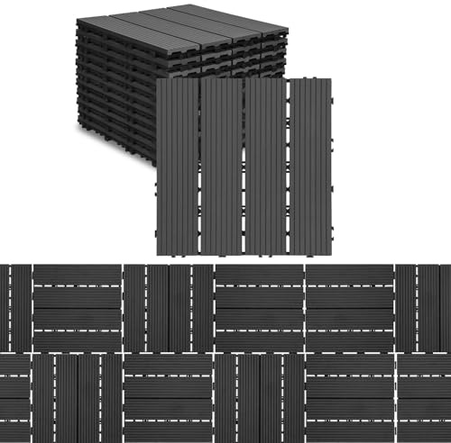Ikodm Dalles de Terrasse en Bois WPC, 30x30cm 33 Pièces/3 m², Jardin Extérieur, Découpables, Système Plug-in Facile à Poser, Avec Système de Drainage, Anthracite