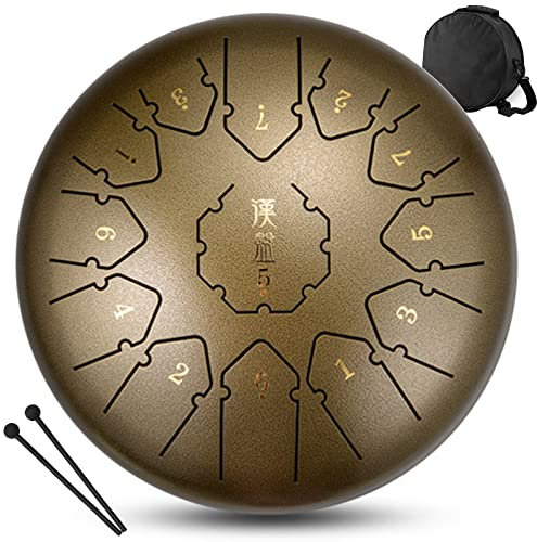 Tongue Drum 12 Zoll 13 Töne C-Dur Zungentrommel Schlagzeug Instrument Hand Steel Pan Drum Mit Trommelschlägeln Tragetasche Note Sticks Für Meditation Yoga Klangheilung,Bronze
