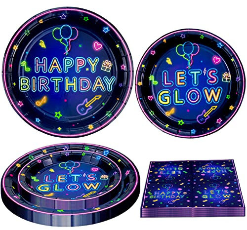 Neon Party Supplies Glow Plate Set for Blacklight Birthday Deco, Serves 40