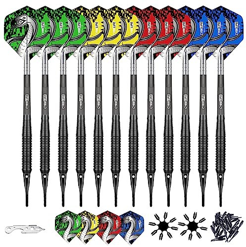 CyeeLife 12 st mjuka spetspilar, professionella 18 gram plastspetspilset med 13 st genomskinliga PC-axlar 100 extra dartspetsar 16 st flygningar 2 st flygskydd och skiftnyckel för elektronisk
