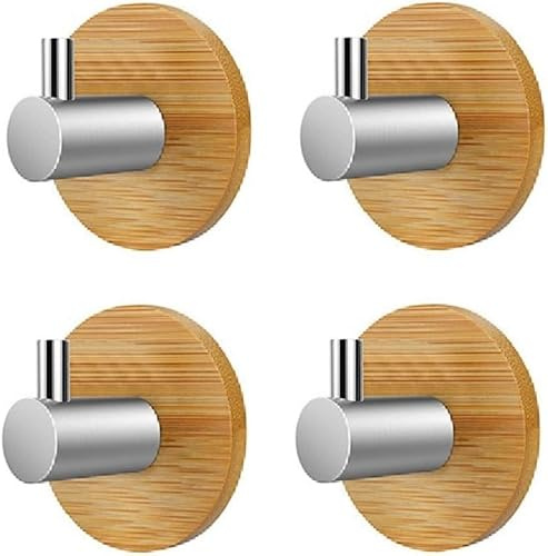 Lrpiyvo 4Pcs Self Adhesive Wood Hooks for Robe Bath Towel | Wooden Adhesive Coat Key Hooks Heavy Duty Wall Door Hooks, Sticky Hooks for Hanging