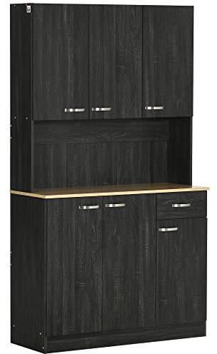 HOMCOM Köksbuffé modernt köksskåp med flera förvaringsutrymmen 6 dörrar 1 låda + stor bricka dim. 101 L x 39 l x 180 H cm i svart trä