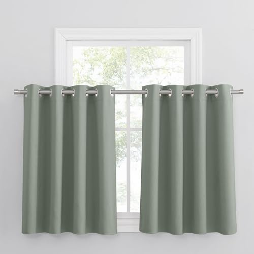 PONY DANCE Scheibengardinen Wohnzimmer Ösenvorhang 2er Set Verdunkelungsvorhang Kurz Gardine Küche Blickdichte Vorhänge mit Ösen, H 90 x B 132 cm, Salbeigrün