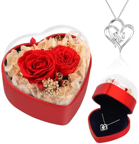Beferr Eternal Flowers Birthday Gifts for Women Mum Grandma Rose Birthday Gift for Mum-Preserved Real Rose with Necklace Gifts Idea on Mother's Day Thanksgiving Valentines Anniversary Red
