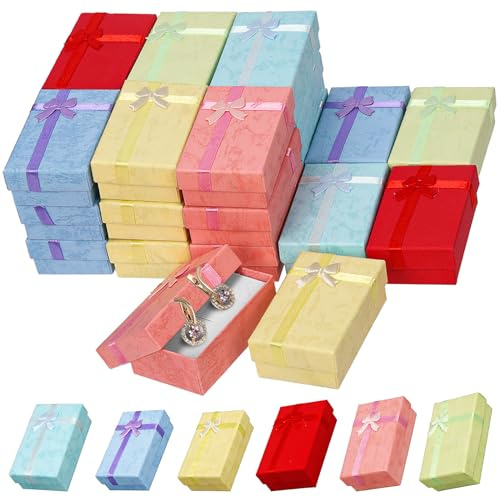 Swpeet Gåvor låda 24 st 6 färger 3,1x1,9x1,1 tum smycken presentförpackning med bågsats, kartong smyckeskrin förpackning ring halsband örhängen armband bulk present förpackningslåda