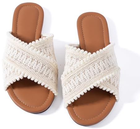 Mtzyoa Women Crisscross Flat Sandals with Pom Pom Trim, Woven Macrame Design, Open Toe Slip On Summer Slides White Size 9