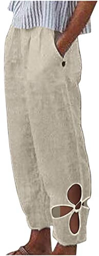 Damen Leichte Baggy Leinenhose Sommer Weite Beine Hose High Waist Haremshose Casual Loose Fit Stoffhose Baumwolle Leinen Caprihose mit Taschen Freizeithose Vintage Elegant Strandhose
