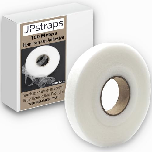 JPstraps Saumband (100 m x 20 mm), doppelseitiges Klebeband, Fliselin, zum Aufbügeln, für Stoff, Vorhänge, Hosen, Jeans, Flicken und Uniformen (weiß)