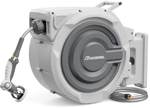 HOZEREEL Retractable Hose Reel 1/2 x 150ft, Retractable Garden Hose | UV Resistant Automatic Slow Self Retract Hose Reel, 180°Swivel Wall Mount, Any Length Lock , 10 Pattern Nozzle