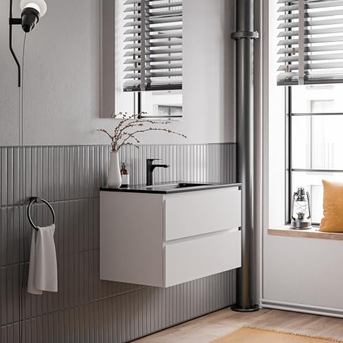 Bernstein Badmöbel-Set AVA 80cm, Waschbecken mit Unterschrank in Weiß matt, Keramik-Waschbecken in Schwarz matt mit einem Hahnloch, Ideal für kleine Bäder