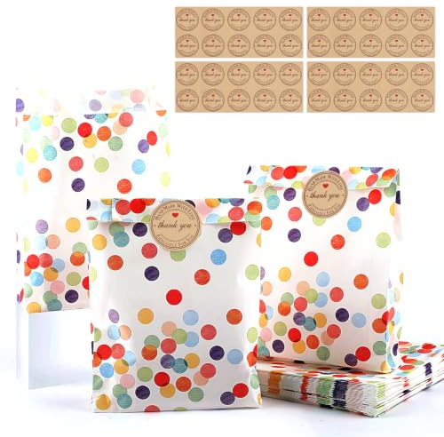 Deepton 40 x Papiertüten, Geschenktüten Kindergeburtstag mit 40 Aufkleber | Mitgebsel Tüten Kindergeburtstag, Papiertüten Klein, Candy Tüten zum Hochzeit, Party, Einschulung, Giveaways, usw
