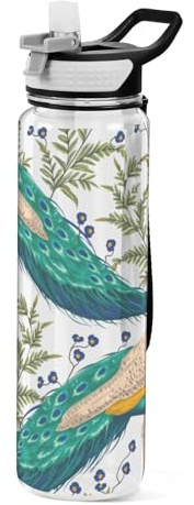 Mnsruu Transparente Sport-Wasserflasche mit Strohhalm, auslaufsichere Trinkflasche, schöner Pfau mit Blumen, Fahrradflaschen für Sport, Büro, Schule, BPA-freier Tritan-Kunststoff, 1 Liter