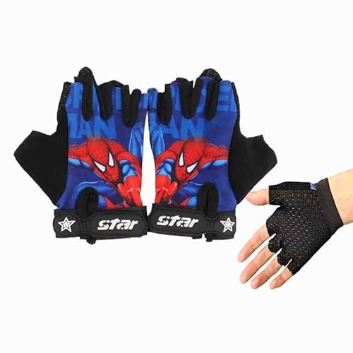 Fahrradhandschuhe Kinder Fingerlos,5-10 Jahre,Wandern Radhandschuhe,Cartoon Spider Cycling Gloves,Bike Gel Handschuh,Karikatur Scooter Radhandschuhe,Cool Anime Fahrradhandschuhe für Jungen,Blau